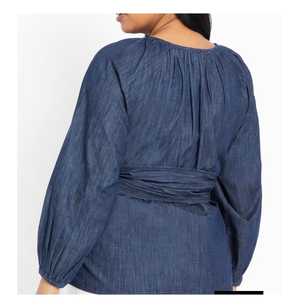 Eloquii Womens Size 16 Dramatic Peplum Denim Wrap Tie Waist Tunic Blouse - Picture 5 of 15